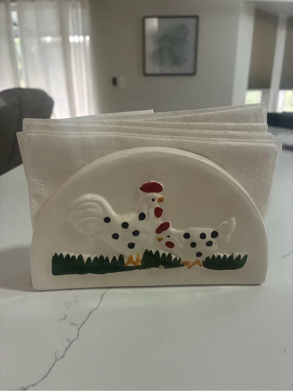 White Ceramic Napkin Holder with Rooster Design Cottage Core Kitchen Decor